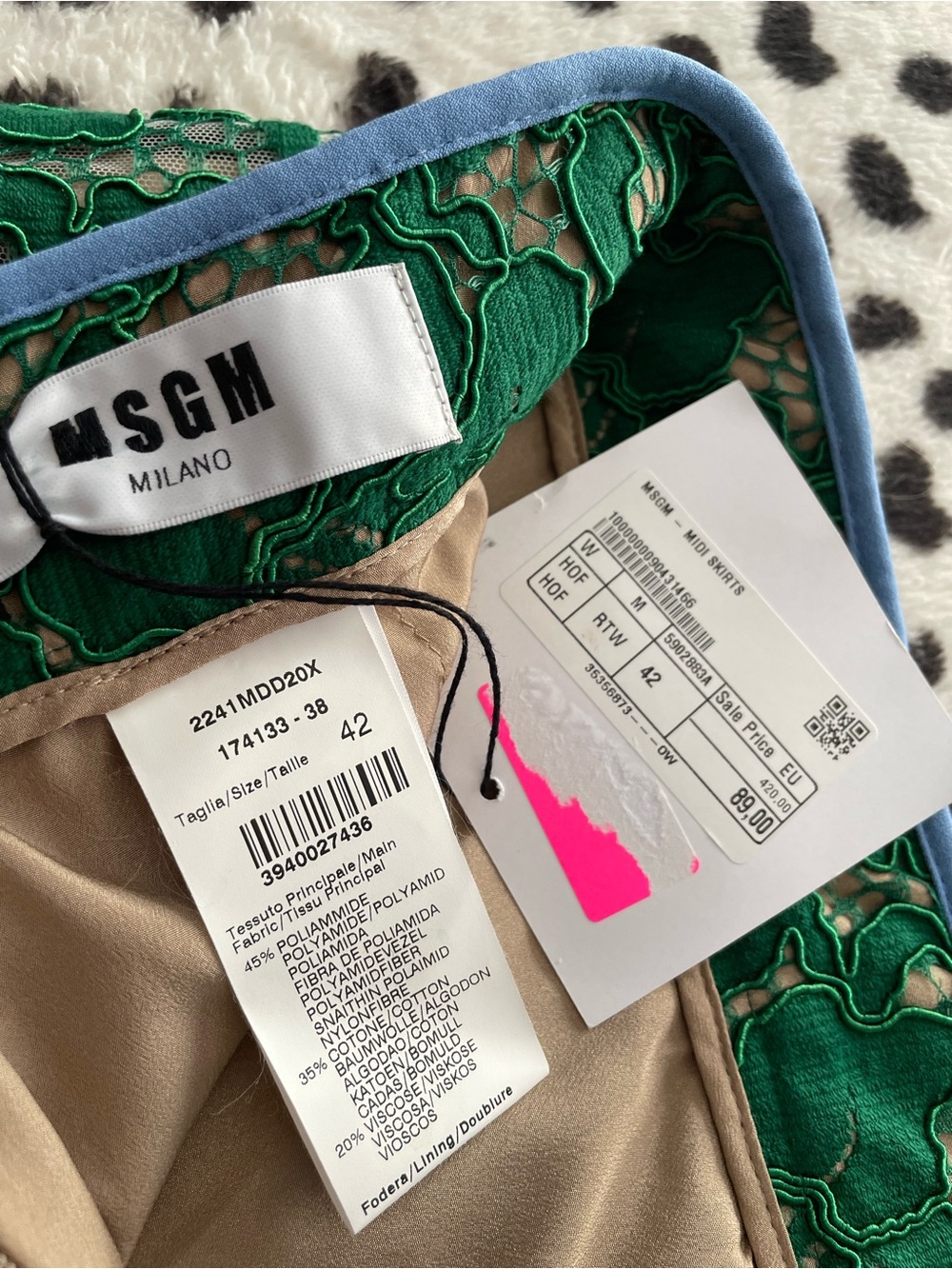 MSGM Green Lace Skirt with Blue Trim and Beige Lining